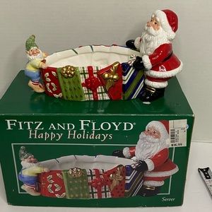 Fitz and Floyd Essentials Happy Holidays Christmas  Server Bowl Santa/ Elf W Box